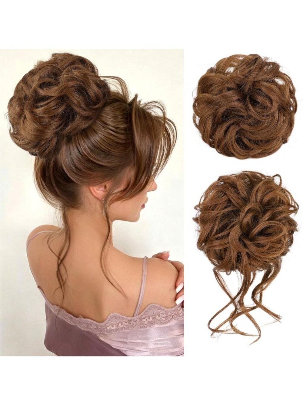 2PCS Messy Bun Hairpiece Extensions - Curly Wavy Updo with Elastic Band for